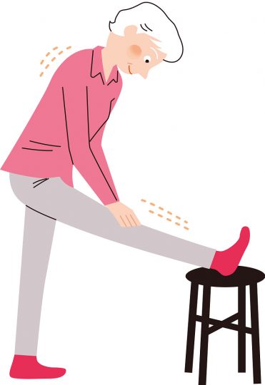 立って右足を椅子にかかとを乗せて膝を伸ばしている女性のイラスト