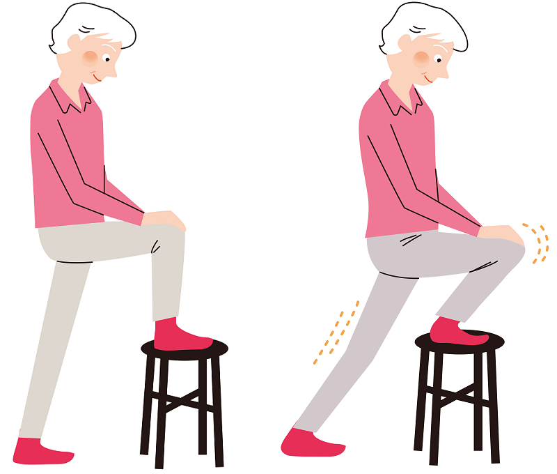 立って椅子に右足を乗せて、膝に両手をついて重心を前にしたり戻したりしている女性のイラスト