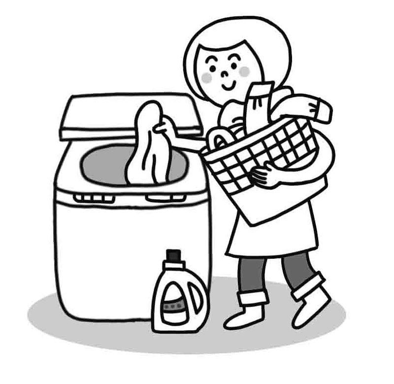 洗濯機の洗濯槽の中に菌が潜んでいる可能性も。洗濯する女性イメージイラスト