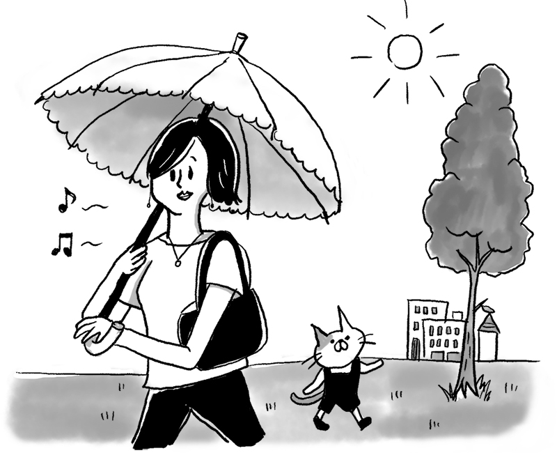日傘をさして外を歩く女性のイラスト