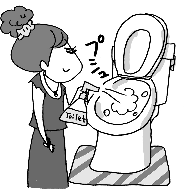 トイレに洗剤を吹きつける女性のイラスト
