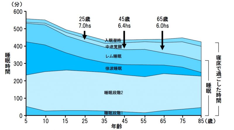 グラフ「健康人の夜間睡眠時間の加齢による変化」