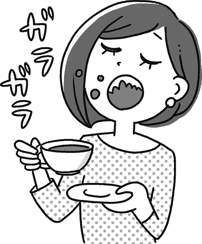 女性がティーカップを手に紅茶でうがいをしているイラスト