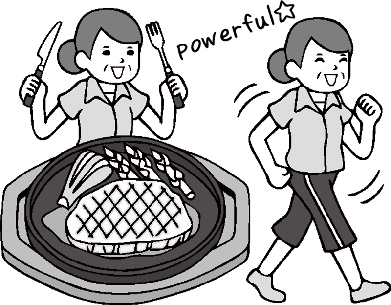 ステーキを食べて運動する女性のイラスト