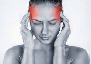 Woman with headache isolated on white background