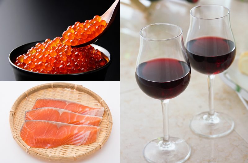いくら、鮭、赤ワインの写真が１つになっている