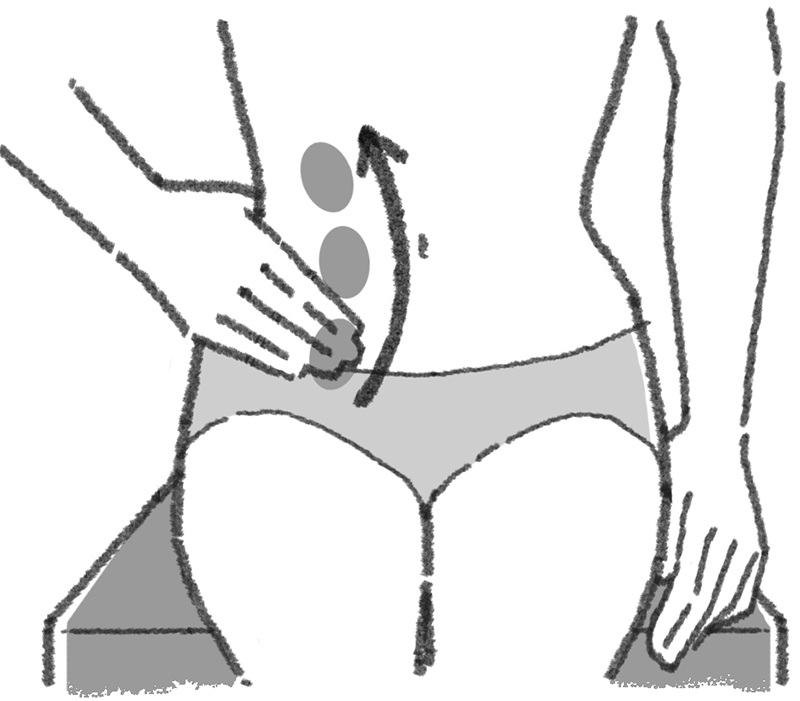 くびれの部分に右手をあて右の腰を挟むようにつかみ、下から上に4本の指で大腸を押すイラスト