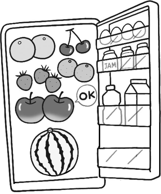 すいか・さくらんぼ・グレープフルーツ・オレンジ・いちご・りんごなどが入った冷蔵庫のイラスト