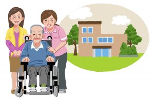 Happy elderly man in wheelchair with his family and nurse, and with nursing home in the background.