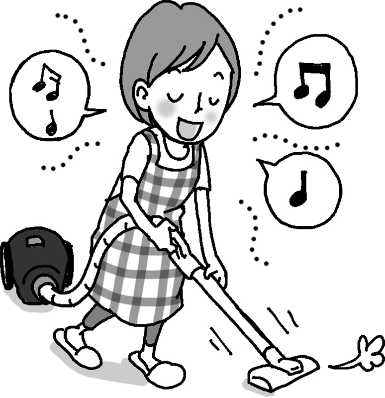歌を歌いながら掃除機をかける女性のイラスト