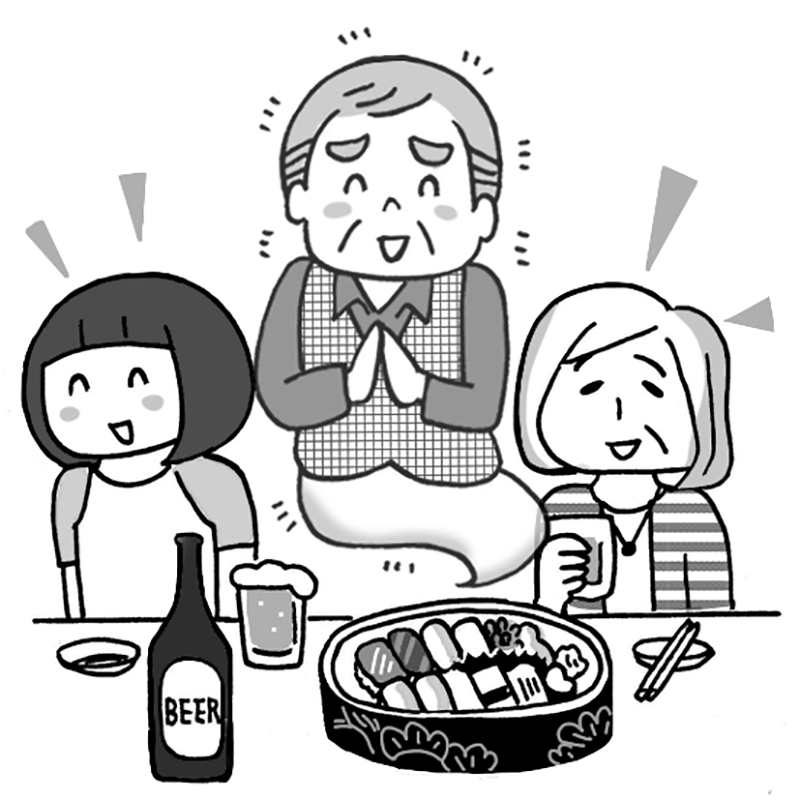 お寿司とビールを囲む女性と娘、夫の幽霊
