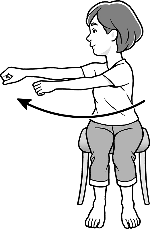 イスに座って腕を上げ、上体を右にひねった女性のイラスト