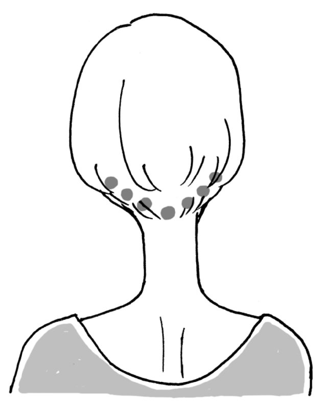 女性の後頭部、耳の下から首の付け根に添ってツボを記したイラスト