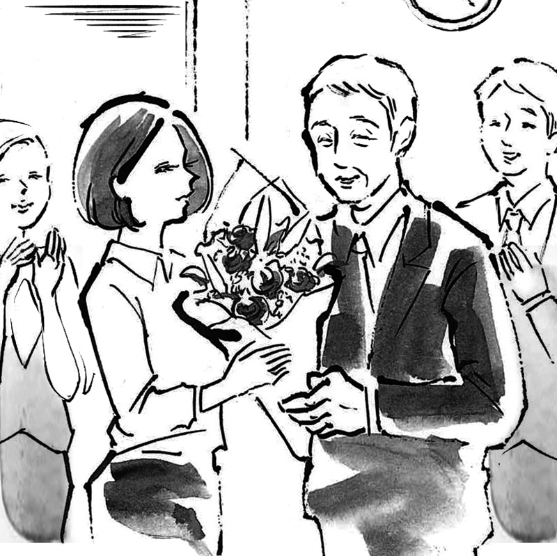 年配の男性に花束を贈る女性のイラスト