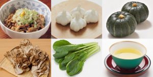 納豆、にんにく、かぼちゃ、舞茸、小松菜、緑茶の画像