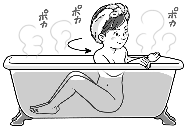 湯船の中でウエストをひねる女性のイラスト
