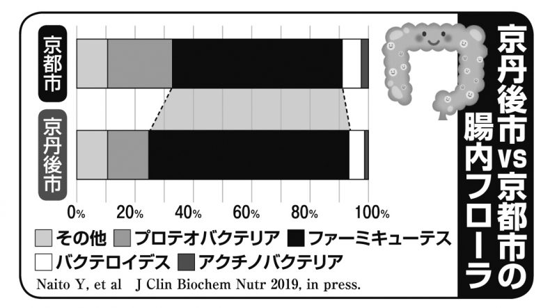 京丹後市と京都市、それぞれに住む高齢者の腸内フローラ比較グラフ