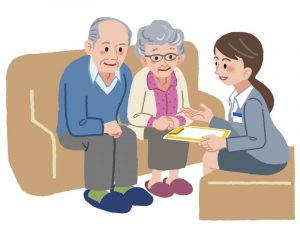 Elderly couple consults with Geriatric care manager.