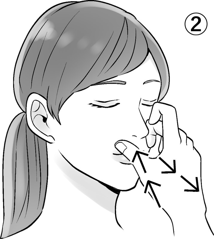 右手の親指を右の小鼻に、中指を左小鼻にあて、右の鼻で呼吸する女性のイラスト