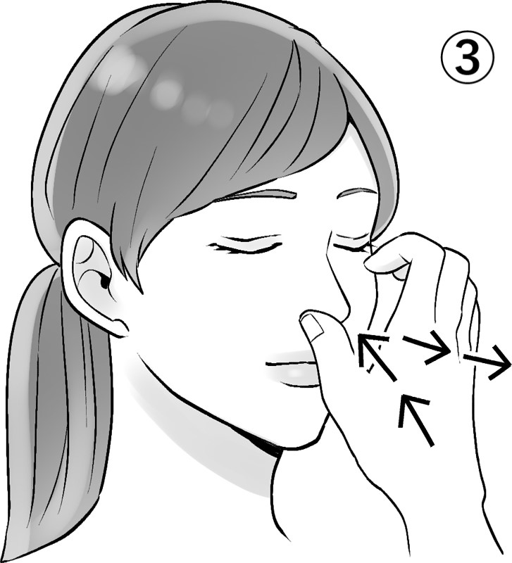 右手の親指を右の小鼻に、中指を左小鼻にあて、左の鼻で呼吸する女性のイラスト