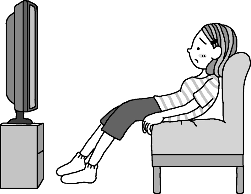 ソファの背に頭部だけもたれて浅く座ってテレビを見る女性のイラスト