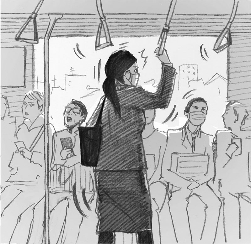電車内中央でつり革につかまる女性のイラスト