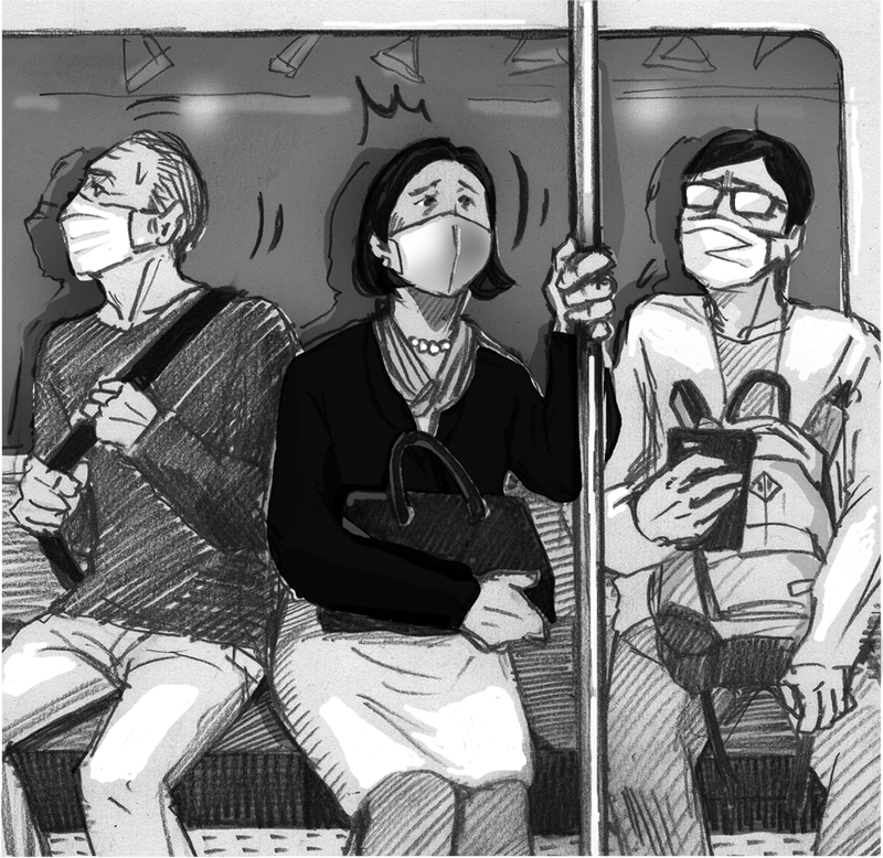 地下鉄の車内にいる人たちのイラスト