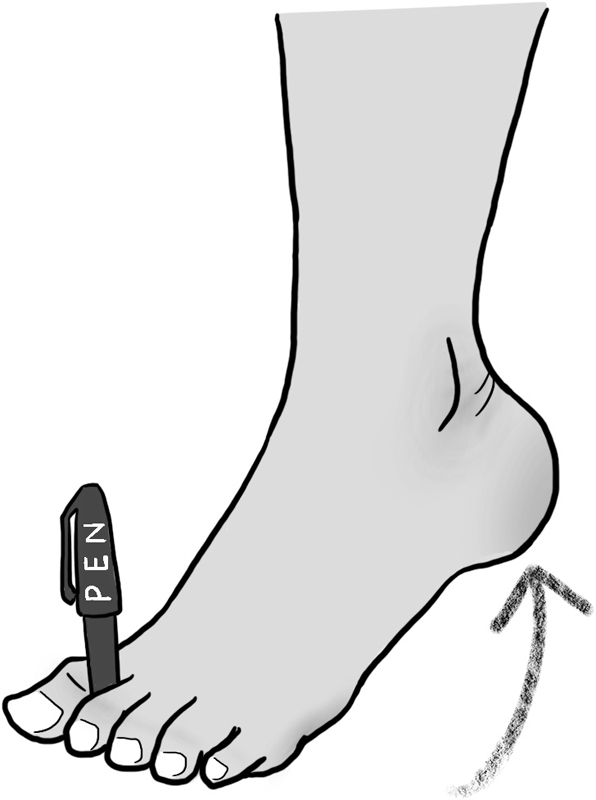 足の親指と人差し指の間にペンを挟んでかかとを上げた足のイラスト