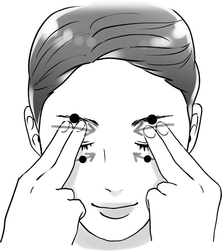 眉毛と眼の下のツボを押す女性の顔イラスト
