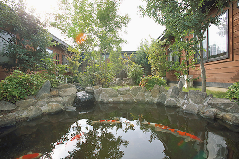 アグリケアガーデン つくばみらい　居室から臨む中庭には錦鯉が泳ぐ。