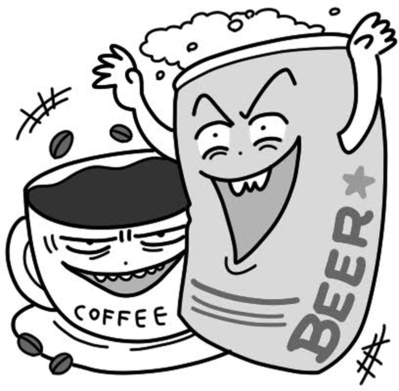 擬人化したビールとコーヒーカップのイラスト