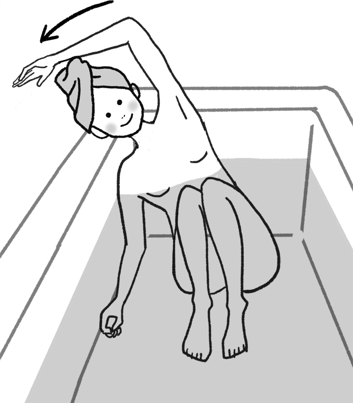 お風呂ヨガ　【2】右手を浴槽の床につきながら頭（こめかみより少し上）を浴槽のふちに預け、お尻を浮かさないように左手を上げて右方向に伸ばす。