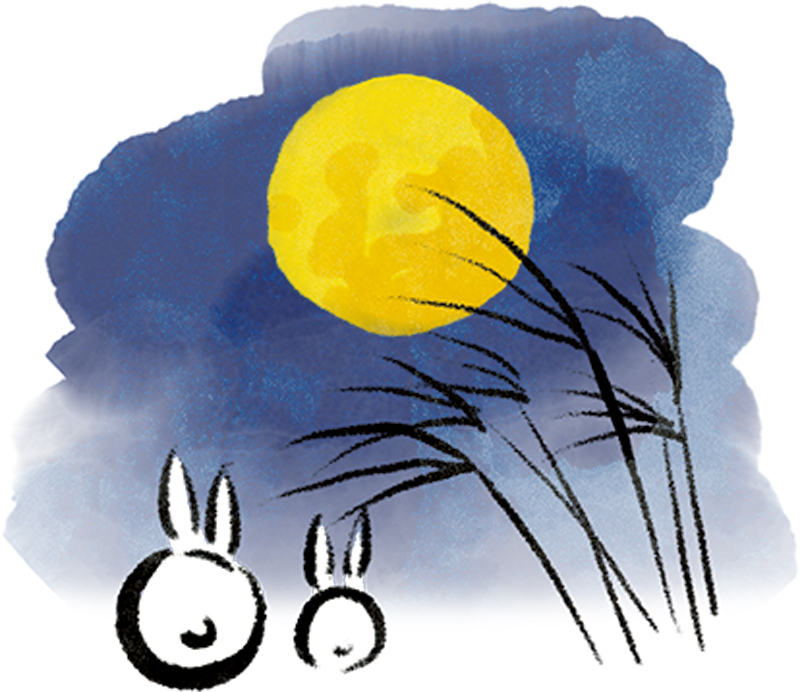 満月をみあげるウサギとススキのイラスト