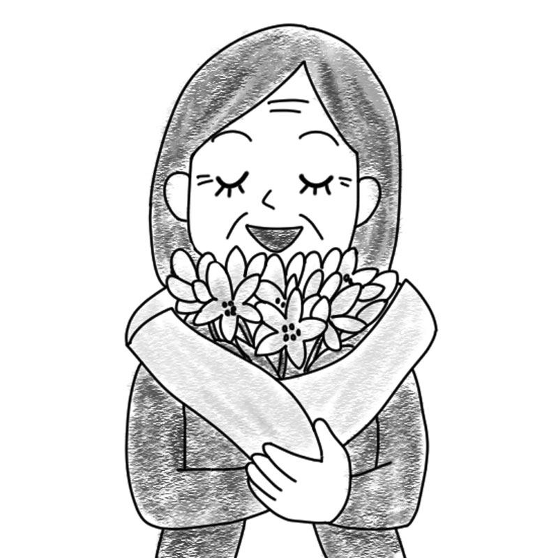 花束を抱えるシニア女性のイラスト