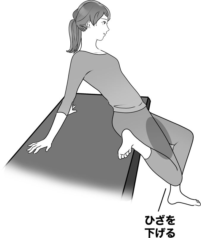 いすにすわり、右足をいすにのせた状態で両手を後ろにつき、ゆっくりと体を後ろに反らす女性のイラスト