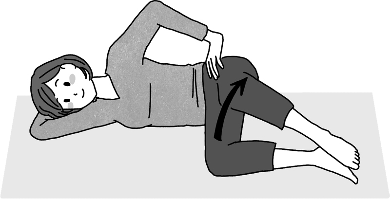 骨盤が床に対して垂直になるように横向きになって、ひざをゆっくりと開いている女性女性のイラスト