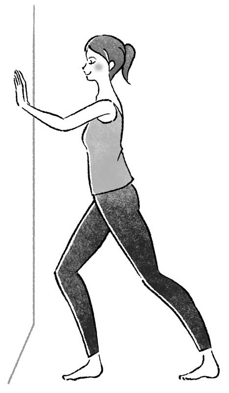 両手を壁に当てて左足を1歩後ろに下げ、右足のひざを曲げた女性のイラスト