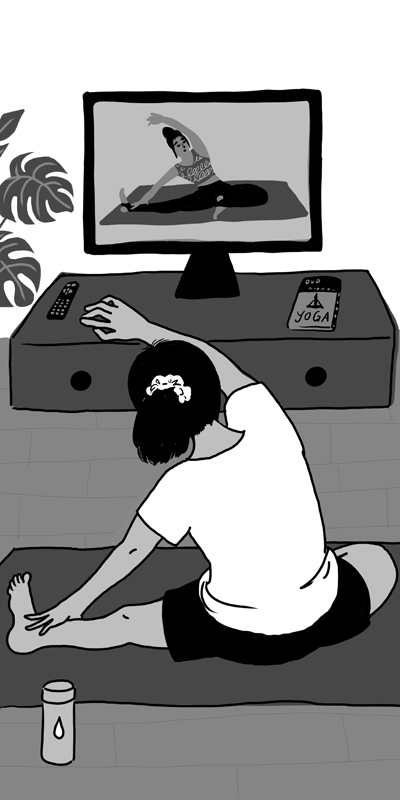 テレビを見ながら運動する女性のイラスト