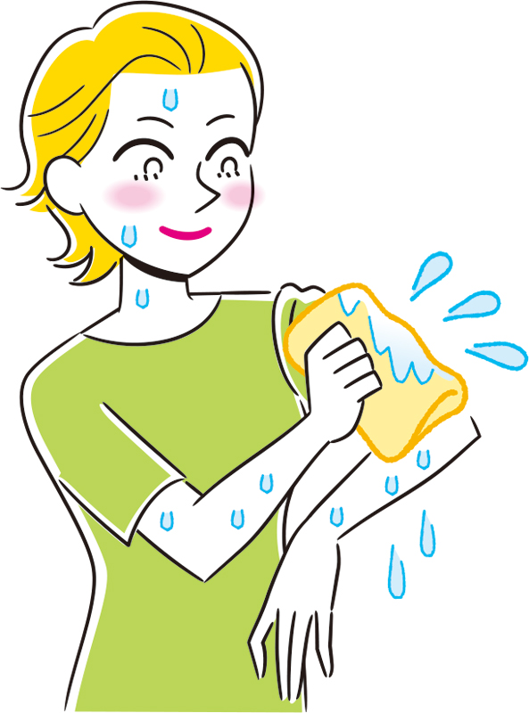 汗を止めるために濡れタオルで拭いている人のイラスト