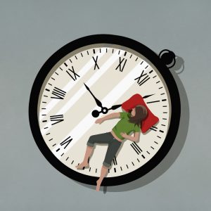 時計の上に寝転ぶ人のイラスト