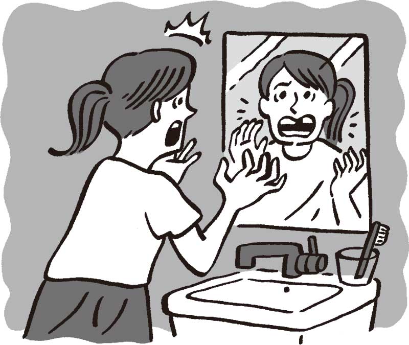 鏡を見たら歯が抜けている事に驚いている女性のイラスト