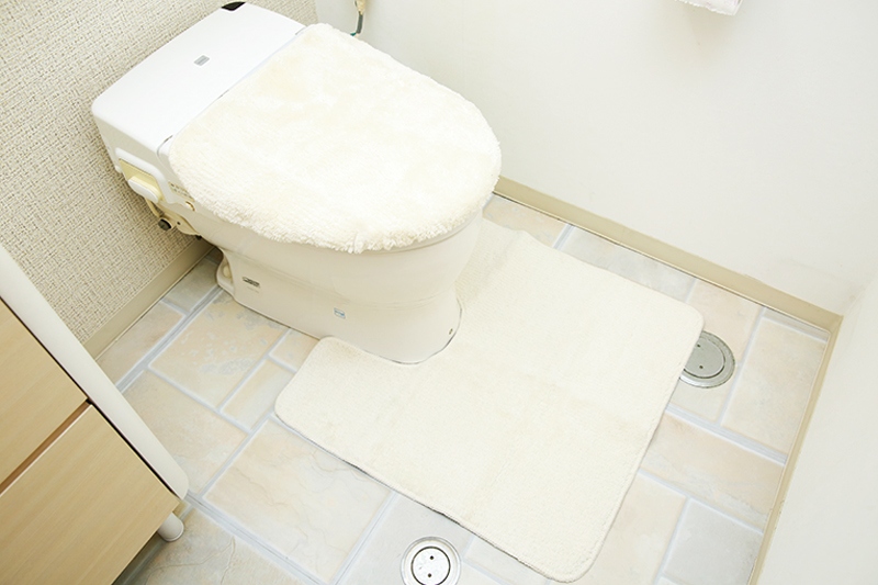 トイレにアイボリーカラーのマットを敷いてある写真