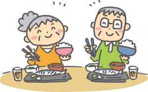 楽しく食事をすることでフレイル予防に。高齢者のイラスト