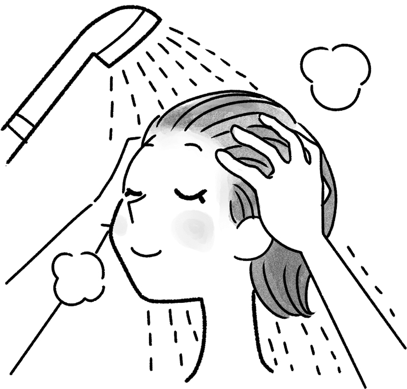 頭をシャワーで予洗いする女性のイラスト