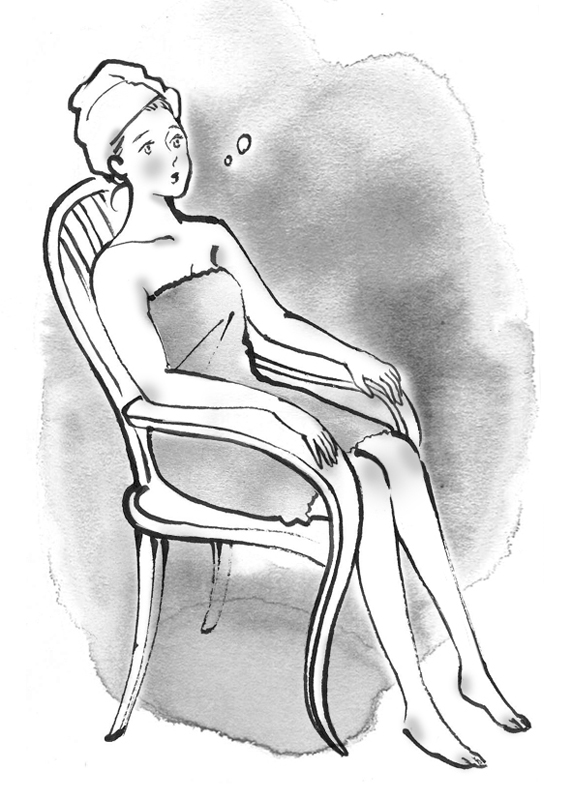 サウナ後椅子に座って休憩している女性のイラスト