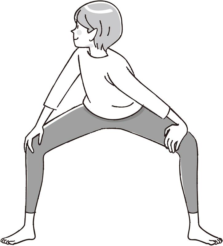 膝を曲げて腰を落とし、左手で左ひざの内側を押しながら上体を右にねじる女性のイラスト