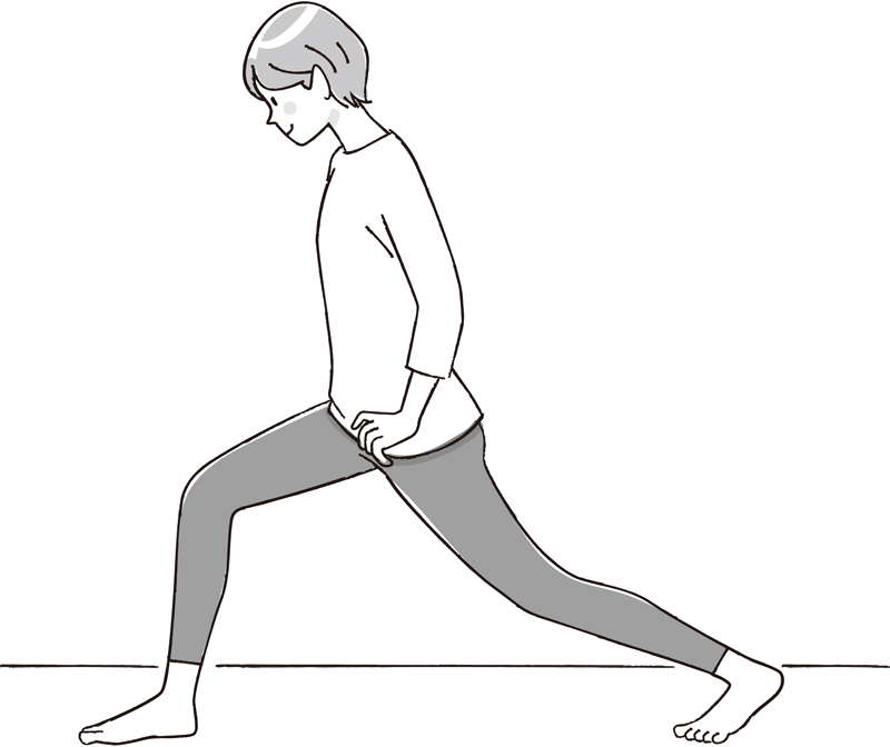 左脚を大きく後ろに1歩引き、右ひざは曲げて腰を落とし左ひざも軽く曲げた女性のイラスト