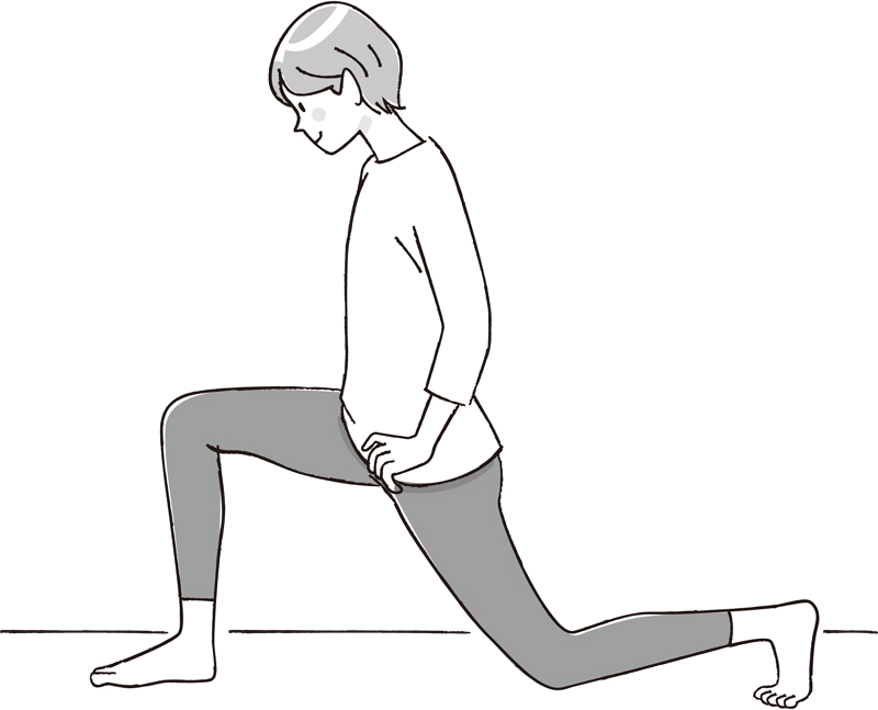 右ひざが90度になるまで腰を落とし、左ひざを床につけた女性のイラスト