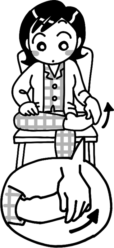 椅子に座って左ももにのせた右足の指先を持ち、前方に曲げていく女性のイラスト