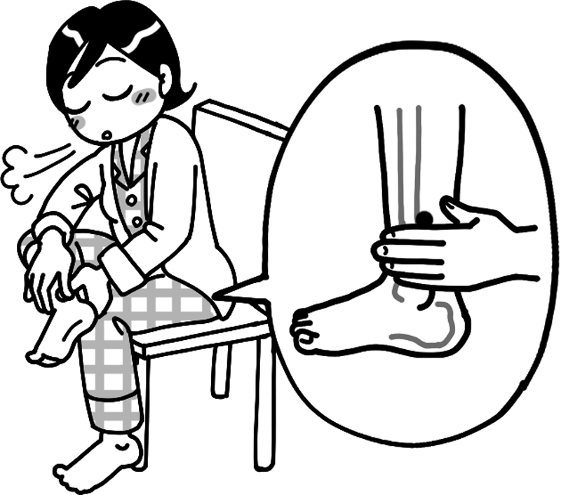 椅子に座って内くるぶしの上から指4本分上で、骨の際にあるくぼみを押す女性のイラスト
